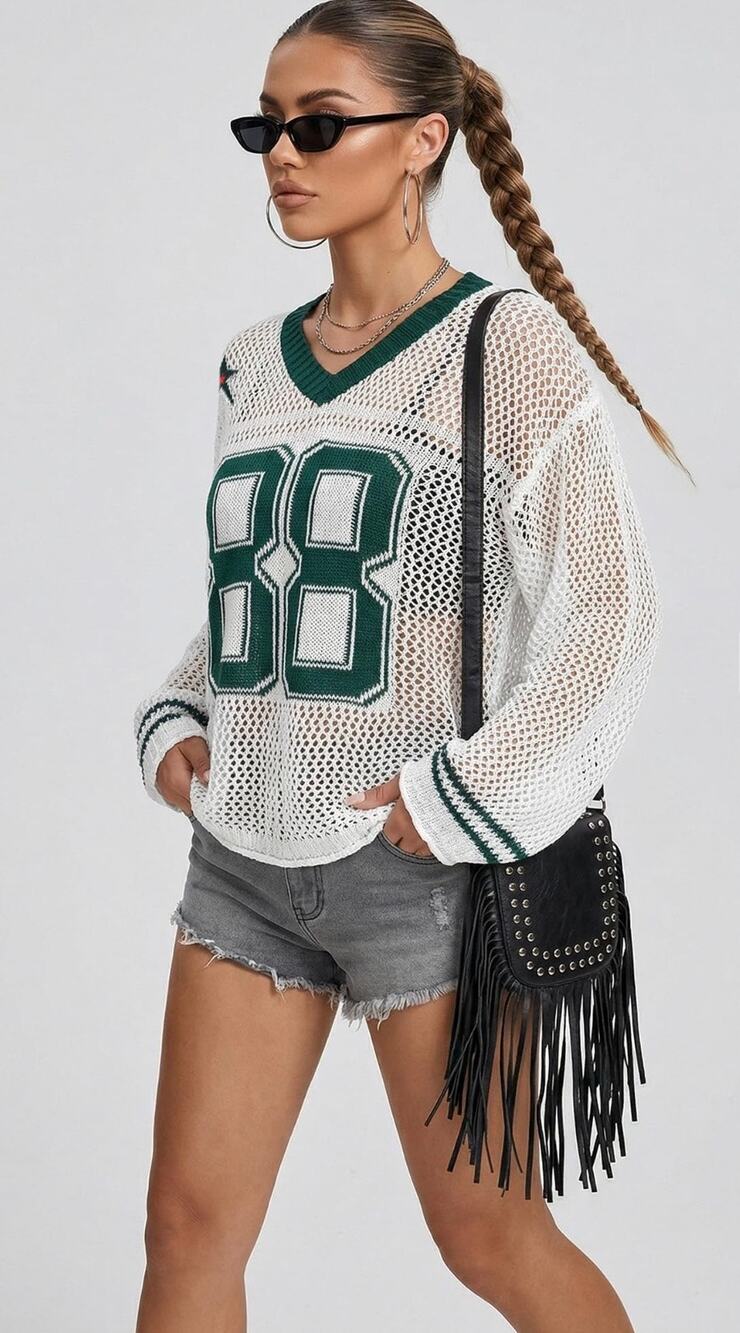 JATEBI Women’s Medium Y2K Crochet Jersey Sweater 88 Los Angeles Open Knit Top